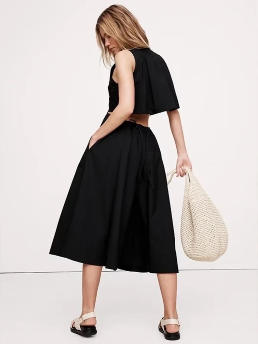 NWT Banana Republic Cotton Poplin Cut-Out Midi Dress // Black #772006